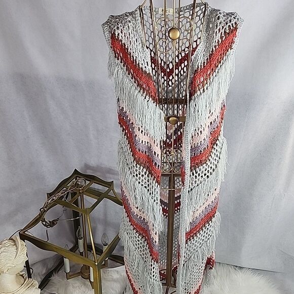 P O L Sweaters - P O L Fringed Open Crochet Duster Long cardigan Size S to M Western
